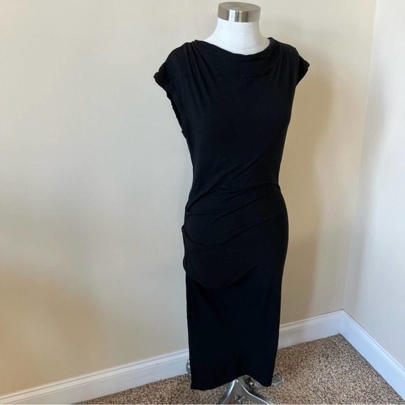 James Perse Cap Sleeve Gathered T-Shirt Midi Dress Size 1 Solid Black 959 - Picture 5 of 9